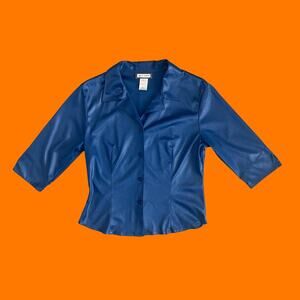 90's vintage iridescent 3/4 sleeve collared blouse MEDIUM aqua blues